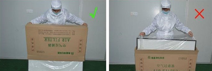 把高效過濾器慢慢倒出來,把紙箱放一邊查看高效過濾器是否損壞 把高效過濾器慢慢倒出來,把紙箱放一邊查看高效過濾器是否損壞